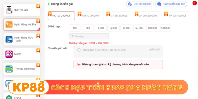 Cách nạp tiền KP88 qua ngân hàng